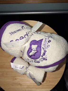 Young Living Cream and Purple Embroidered Spa Towel & Wash Cloth Set